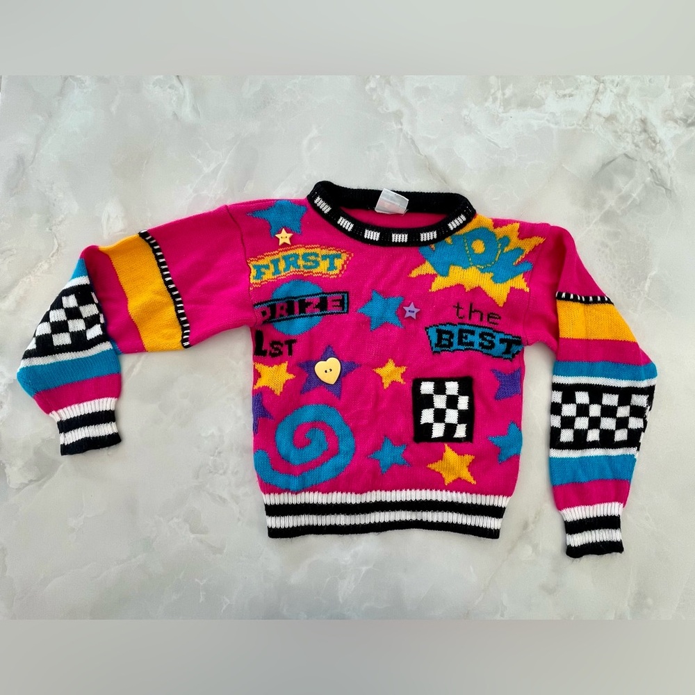 Vintage Jetset Girl’s Retro Sweater Size 5T Pink Turquoise First Prize The Best